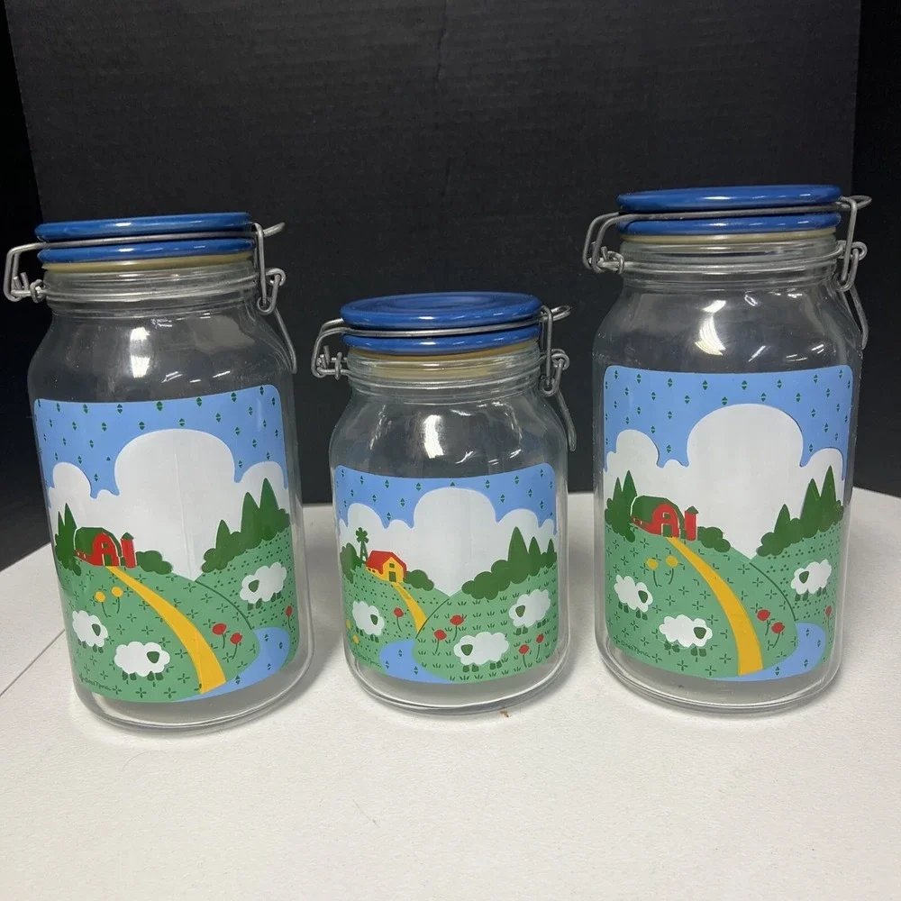 Lot Of 3 Anchor Hocking 1982 Nina Blue Country Farm Storage Jars Excellent Shape